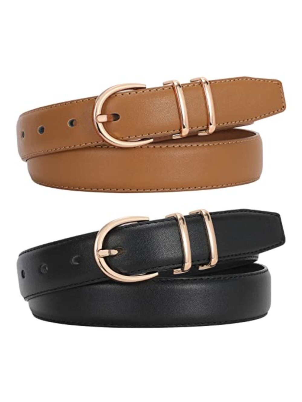 2 Pack Women Belt Faux Leather Gold Buckle 1.03" Wide Fashion Belt for Jeans